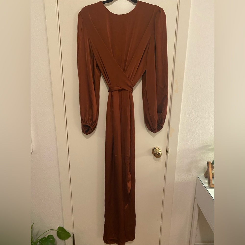 Pin up Art empire waist long sleeve satin maxi dress